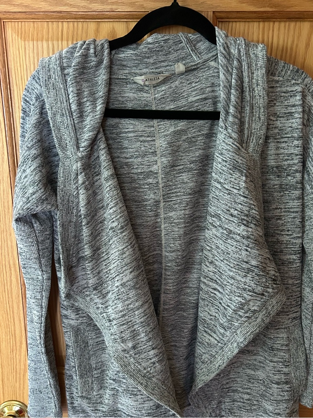 Athleta XS, Heathered Gray Open-Front Cardigan Sweater with pockets and hood.